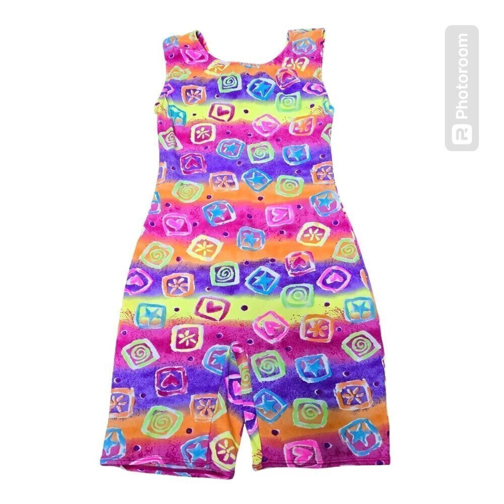 Vintage 90s Neon Abstract Tank Top Spandex Romper Jumpsuit Girls